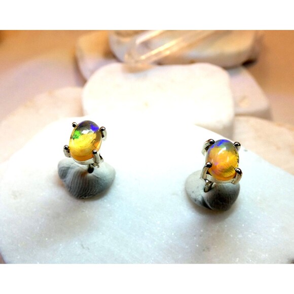Natural Glowing  Australian Opal Sterling Silver Stud Earrings - Picture 6 of 7